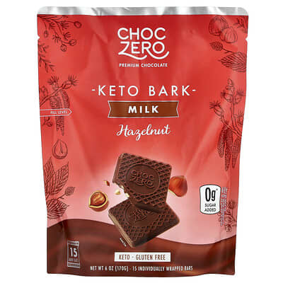 Шоколад ChocZero Keto Bark, Milk Chocolate, Hazelnut, 15 Mini Bars, 6 oz (170 g)