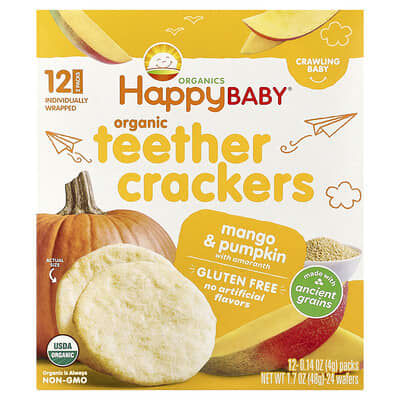 Happy Baby®, Organic Teether Crackers, Mango & Pumpkin with Amaranth, 12 Packs, 0.14 oz (4 g) Each