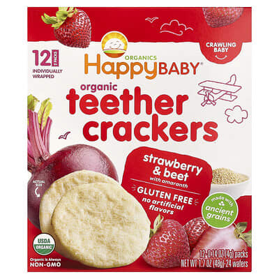 Happy Baby, Organic Teether Crackers, Strawberry & Beet with Amaranth, 12 Packs, 0.14 oz (4 g) Each