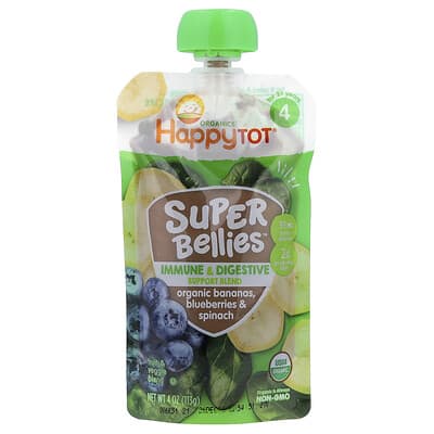 Пюре Happy Tot® Super Bellies™ для детей от 2 лет, Organic Bananas, Blueberries & Spinach, 4 oz (113 g)