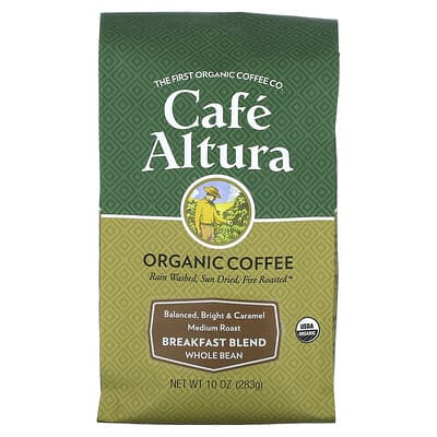 Organic Coffee, Breakfast Blend, Whole Bean, Medium Roast, 10 oz (283 g)