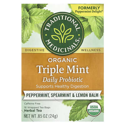 Organic Herbal Tea, Triple Mint Daily Probiotic, Peppermint, Spearmint & Lemon Balm, Caffeine Free, 16 Wrapped Tea Bags, 0.85 oz (24 g)