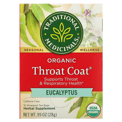 Organic Throat Coat®, Eucalyptus, Caffeine Free, 16 Wrapped Tea Bags, 0.99 oz (28 g)
