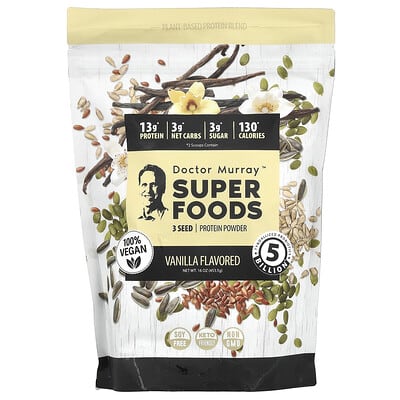 Super Foods протеиновый порошок из 3 семян (тыква, лен, подсолнечник), ваниль, 16 oz (453.5 g)