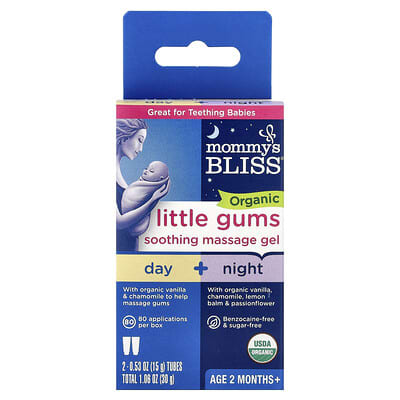 Гель для массажа Mommy's Bliss Organic Little Gums, набор день/ночь, для детей от 2 месяцев, 2 тюбика, 0.53 oz (15 g) каждый