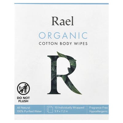 Organic Cotton Body Wipes, Fragrance Free, 10 Individually Wrapped Wipes