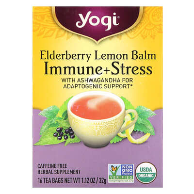 Elderberry Lemon Balm, Immune + Stress, Caffeine Free, 16 Tea Bags, 1.12 oz (32 g)