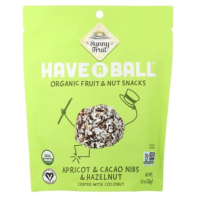 Have A Ball™, Органические закуски с фруктами и орехами, Абрикос, какао-бобы и фундук, 4.4 oz (126 g)