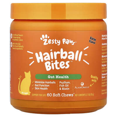 Hairball Bites™, For Cats, All Ages, Bacon, 60 Soft Chews, 2.7 oz (78 g)
