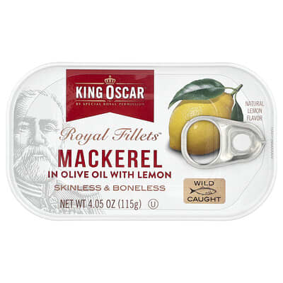Royal Fillets™, скумбрия в оливковом масле с лимоном, 4.05 oz (115 g)