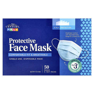 Protective Face Mask, ASTM F2100, Single Use Disposable Masks, 50 Masks, 5-10 ct Packs