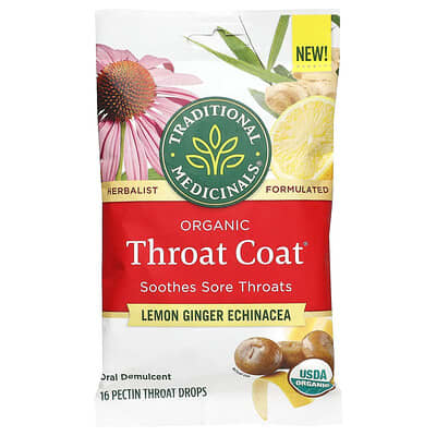 Organic Throat Coat® Drops, Lemon Ginger Echinacea, 16 Pectin Throat Drops