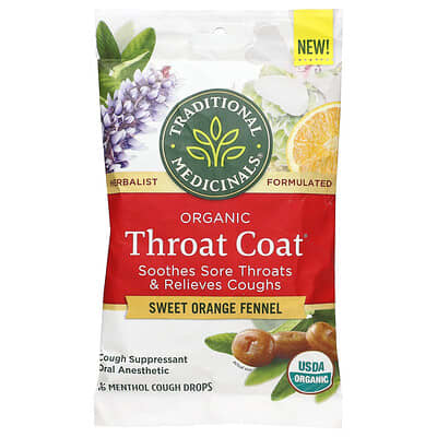 Органические леденцы Throat Coat®, сладкий апельсин и фенхель, 16 штук