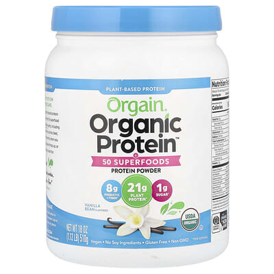 Organic Protein™ Powder + 50 Superfoods, Plant-Based, Vanilla Bean, 1.12 lb (510 g)