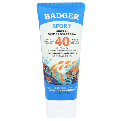 Sport, Mineral Sunscreen Cream, SPF 40, Unscented, 2.9 fl oz (87 ml)