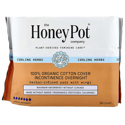 100% Organic Cotton Cover, Cooling Herbal Infusion, Pads with Wings, Incontinence Overnight, 16 Count
