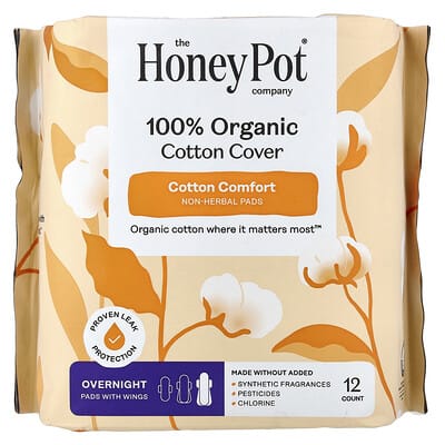 100% Organic Cotton Cover, Non-Herbal Pads with Wings, Overnight, 12 Count