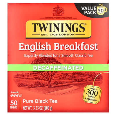 Pure Black Tea, English Breakfast, Decaffeinated, 50 Tea Bags, 3.53 oz (100 g)