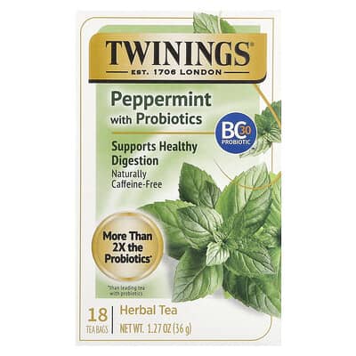 Twinings травяной чай с мятой и пробиотиками без кофеина 18 пакетиков 36 g
