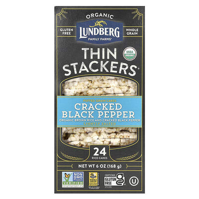 Органические рисовые хлебцы Lundberg Thin Stackers, Cracked Black Pepper, Lightly Salted, 24 шт, 6 oz (168 g)