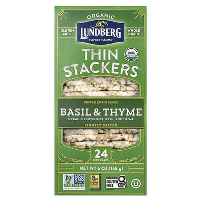Органические рисовые хлебцы Lundberg Thin Stackers, Basil & Thyme, 24 шт., 6 oz (168 g)