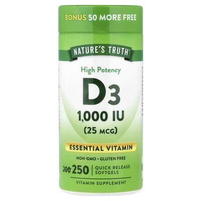 Vitamin D3, High Potency , 25 mcg (1,000 IU), 250 Quick Release Softgels