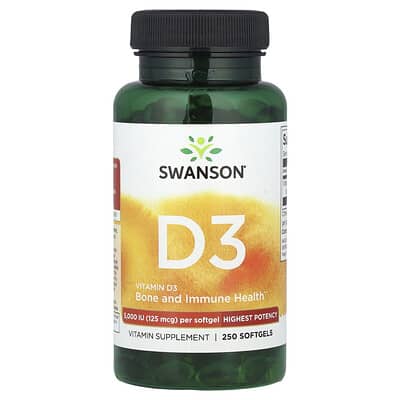 Vitamin D3, Highest Potency, 125 mcg (5,000 IU), 250 Softgels
