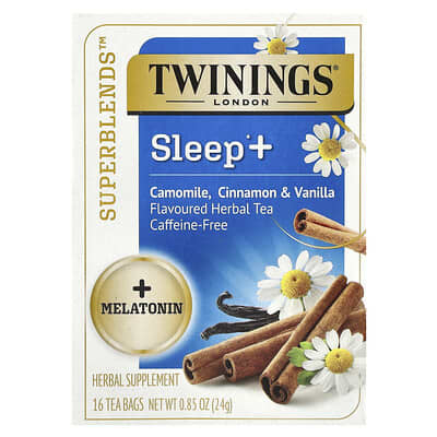 Sleep+ with Melatonin Herbal Tea, Camomile, Cinnamon & Vanilla, Caffeine Free, 16 Tea Bags, 0.85 oz (24 g)