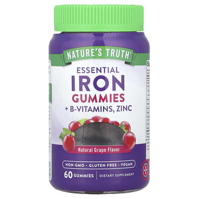Essential Iron + B-Vitamins, Zinc Gummies, Natural Grape, 60 Gummies