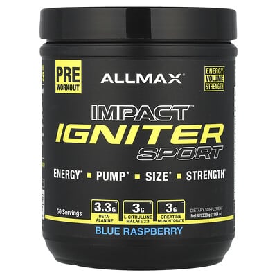 ALLMAX Impact™ Igniter Sport, предтренировочный комплекс, голубая малина, 11.64 oz (330 g)