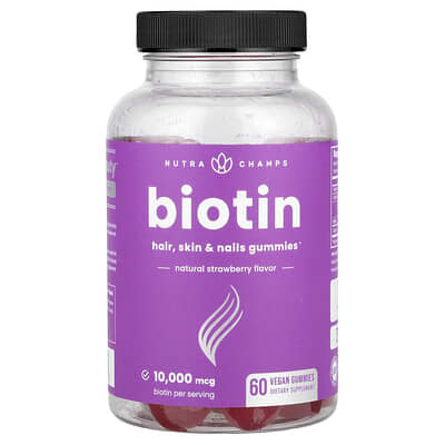 Biotin Gummies, натуральная клубника, 60 веганских мармеладок NutraChamps