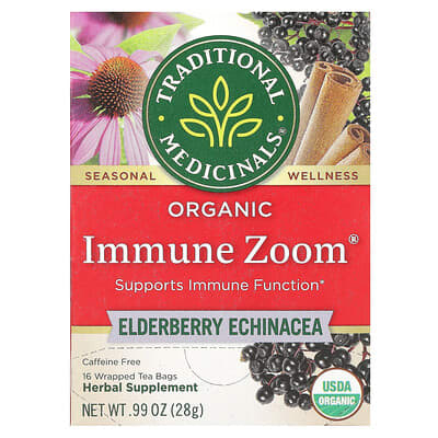 Traditional Medicinals Organic Immune Zoom®, бузина и эхинацея, без кофеина, 16 чайных пакетиков, 0.99 oz (28 g)