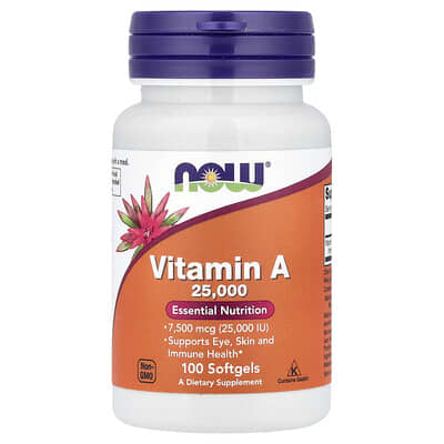 NOW Foods Vitamin A, 7,500 mcg (25,000 IU), 100 мягких капсул