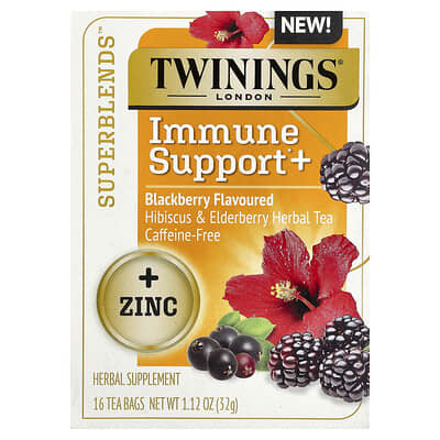 Superblends™ Травяной чай Immune Support+ Hibiscus & Elderberry, Ежевика, Без кофеина, 16 чайных пакетиков, 1.12 oz (32 g)