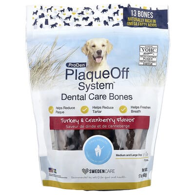 PlaqueOff System™, Dental Care Bones, For Medium and Large Dogs, Turkey & Cranberry, 13 Bones, 17 oz (482 g)