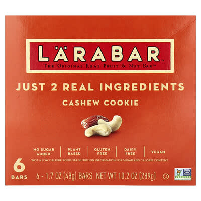 Real Fruit & Nut Bar, Cashew Cookie, 6 Bars, 1.7 oz (48 g) Each