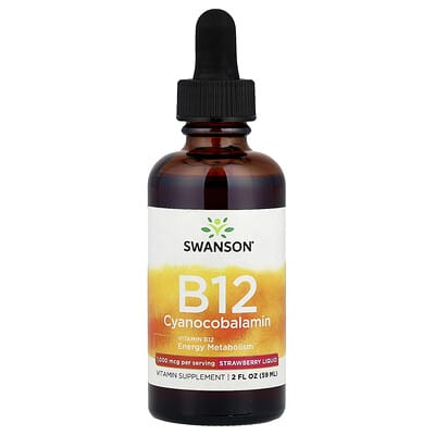 Жидкий B12 Cyanocobalamin, клубника, 2 fl oz (59 ml)