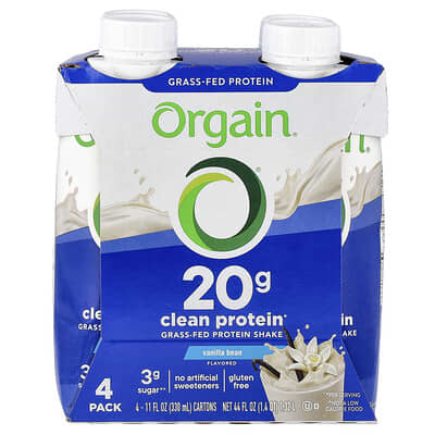 Orgain Протеиновый коктейль Clean Grass-Fed, Vanilla Bean, 4 упаковки, 11 fl oz (330 ml) каждая