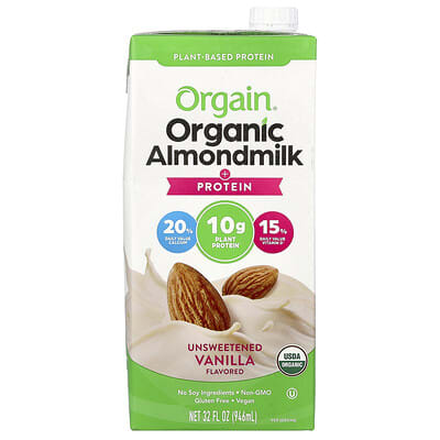 Orgain Органическое миндальное молоко + Protein, Plant-Based, Unsweetened Vanilla, 32 fl oz (946 ml)
