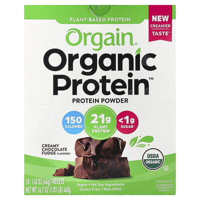 Organic Protein™ Powder, Plant-Based, Creamy Chocolate Fudge, 10 Packets, 1.62 oz (46 g) Each
