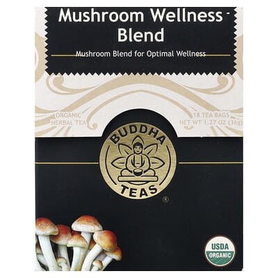 Buddha Teas Органический травяной чай, смесь Mushroom Wellness, без кофеина, 18 пакетиков, 1.27 oz (36 g)