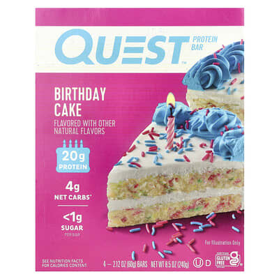 Protein Bar, Birthday Cake, 4 Bars, 2.12 oz (60 g) Each