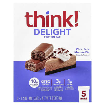 Delight Protein Bar, Chocolate Mousse Pie, 5 Bars, 1.2 oz (34 g) Each