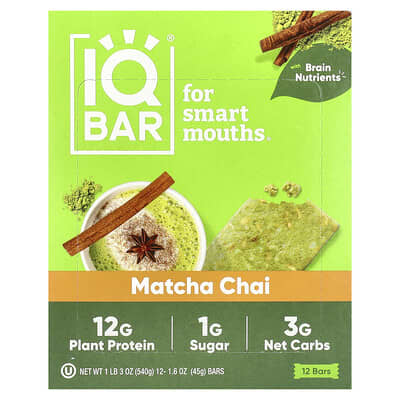 Протеиновый батончик IQBAR, Matcha Chai, 12 шт, 1.6 oz (45 g) каждый