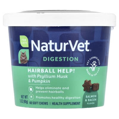 NaturVet Для пищеварения и борьбы с комками шерсти для кошек, с псиллиумом и тыквой, лосось и бекон, 60 мягких кусочков, 3 oz (90 g)