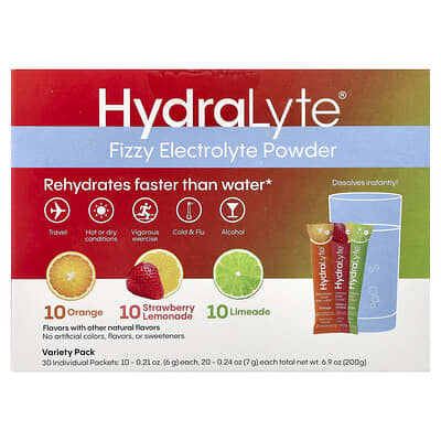 Fizzy Electrolyte Powder, Variety Pack, Orange, Strawberry Lemonade, Limeade, 30 Individual Packets, 6.9 oz (200 g)
