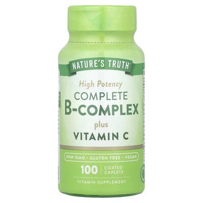 Complete B-Complex Plus Vitamin C, High Potency, 100 Coated Caplets