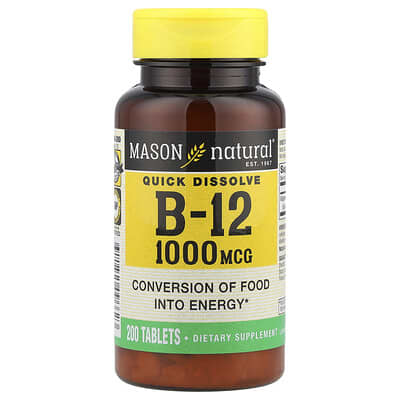 Quick Dissolve, витамин B-12, 1,000 mcg, 200 таблеток Mason Natural