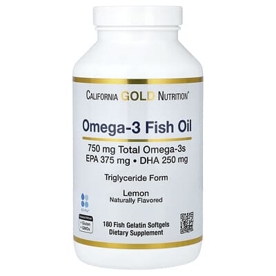 Norwegian Omega-3 Fish Oil with EPA/DHA, Lemon, 180 Fish Gelatin Softgels (750 mg per Softgel)