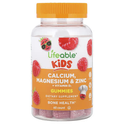 Детский комплекс Lifeable Calcium, Magnesium & Zinc + Vitamin D3 Gummies, Raspberry, 60 Gummies
